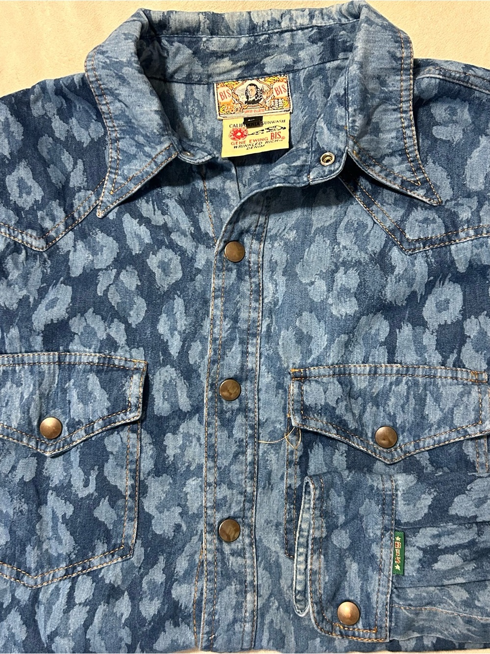 Vtg Gene Ewing Bis California Sunwash Wrinkled Rich Denim Snap Button Shirt L